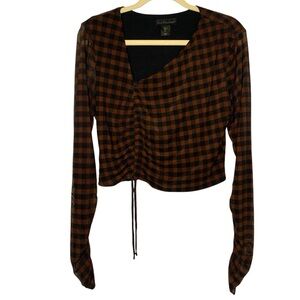 House of Harlow 1960 brown/black checkered mesh lined cropped asymmetric top